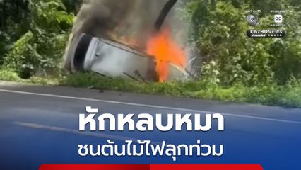 อุบัติเหตุระทึก หักรถหลบหมา ชนต้นไม้ไฟลุกท่วม