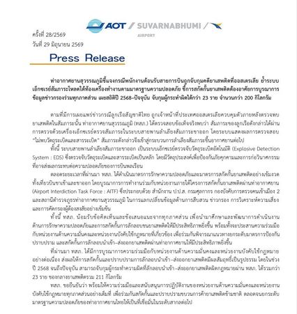 ท่าอากาศยานสุวรรณภูมิ ชี้แจง ระบบเอกซเรย์สัมภาระโหลดใต้ท้องเครื่อง เน้นตรวจสอบวัตถุระเบิดและสารระเบิด เป็นหลัก