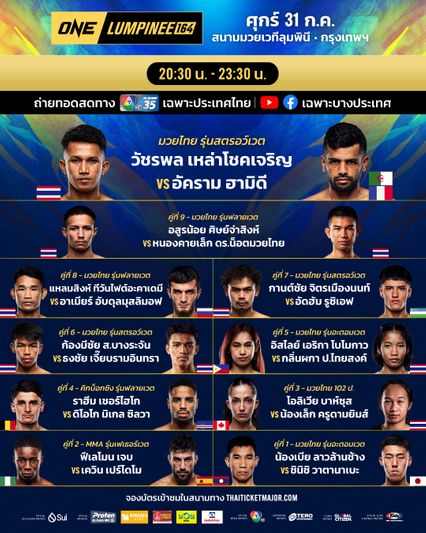 ONE ลุมพินี : เดือดทุกคู่ กางโปรแกรมเต็ม ศึก ONE ลุมพินี 164