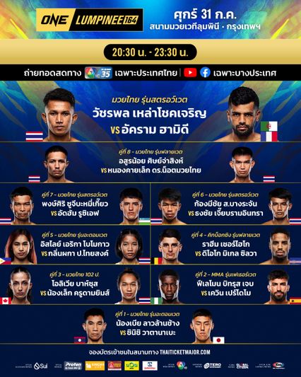 ONE ลุมพินี : นักสู้ 13 คู่ผ่านด่านตาชั่ง พร้อมล่าชัยศึก ONE ลุมพินี 164