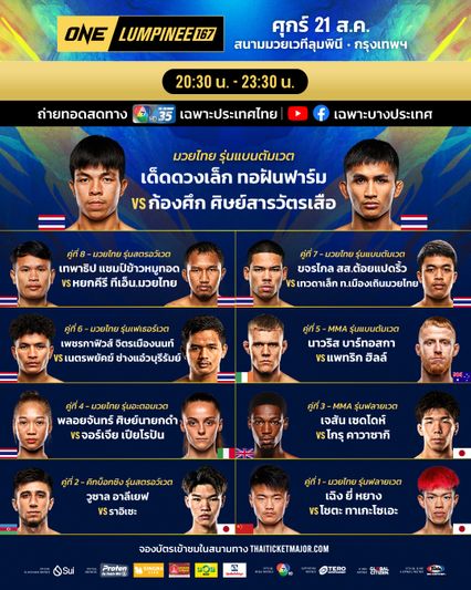 ONE ลุมพินี : โปรแกรมเดือดศึก ONE ลุมพินี 167 เด็ดดวงเล็ก ทอฝันฟาร์ม vs ก้องศึก ศิษย์สารวัตรเสือ