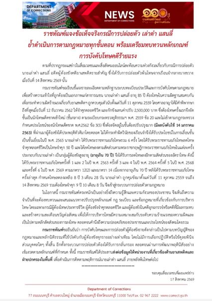 ราชทัณฑ์ แจงข้อเท็จจริง กรณีการปล่อยตัว เล่าต๋า แสนลี่ ที่ผ่านมาเล่าต๋าได้ประพฤติตัวดีมาโดยตลอด