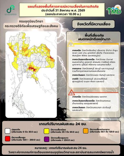 กรมอุตุฯ เตือนฉบับที่ 11 ฝนถล่มหนักบริเวณประเทศไทยตอนบน ถึง 2 กันยายนนี้  เช็ก 50 พื้นที่เสี่ยงฝนถล่ม